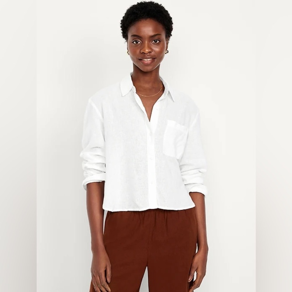 Evereve Coastal Linen White Button-Front Relaxed Linen Shirt